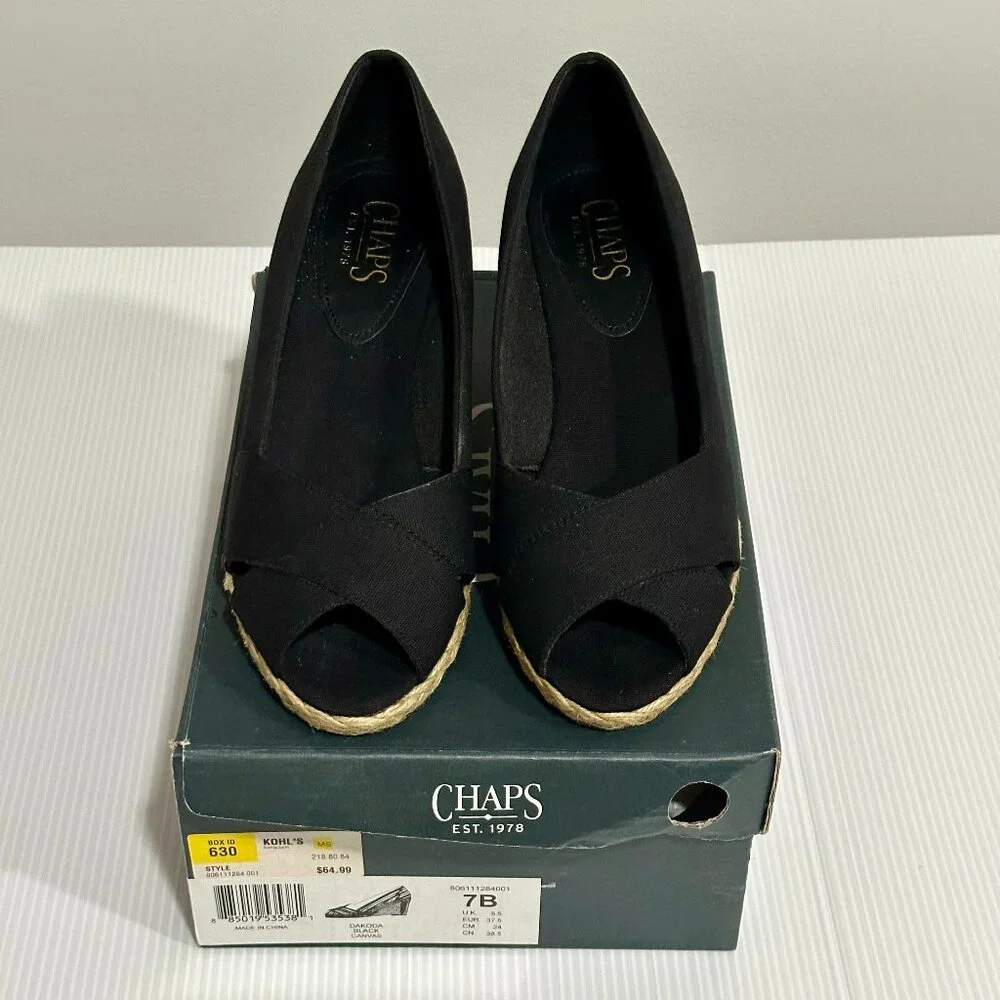 CHAPS Dakoda Black Canvas Espadrille Wedge Open Toes Heels Shoes size 7B
